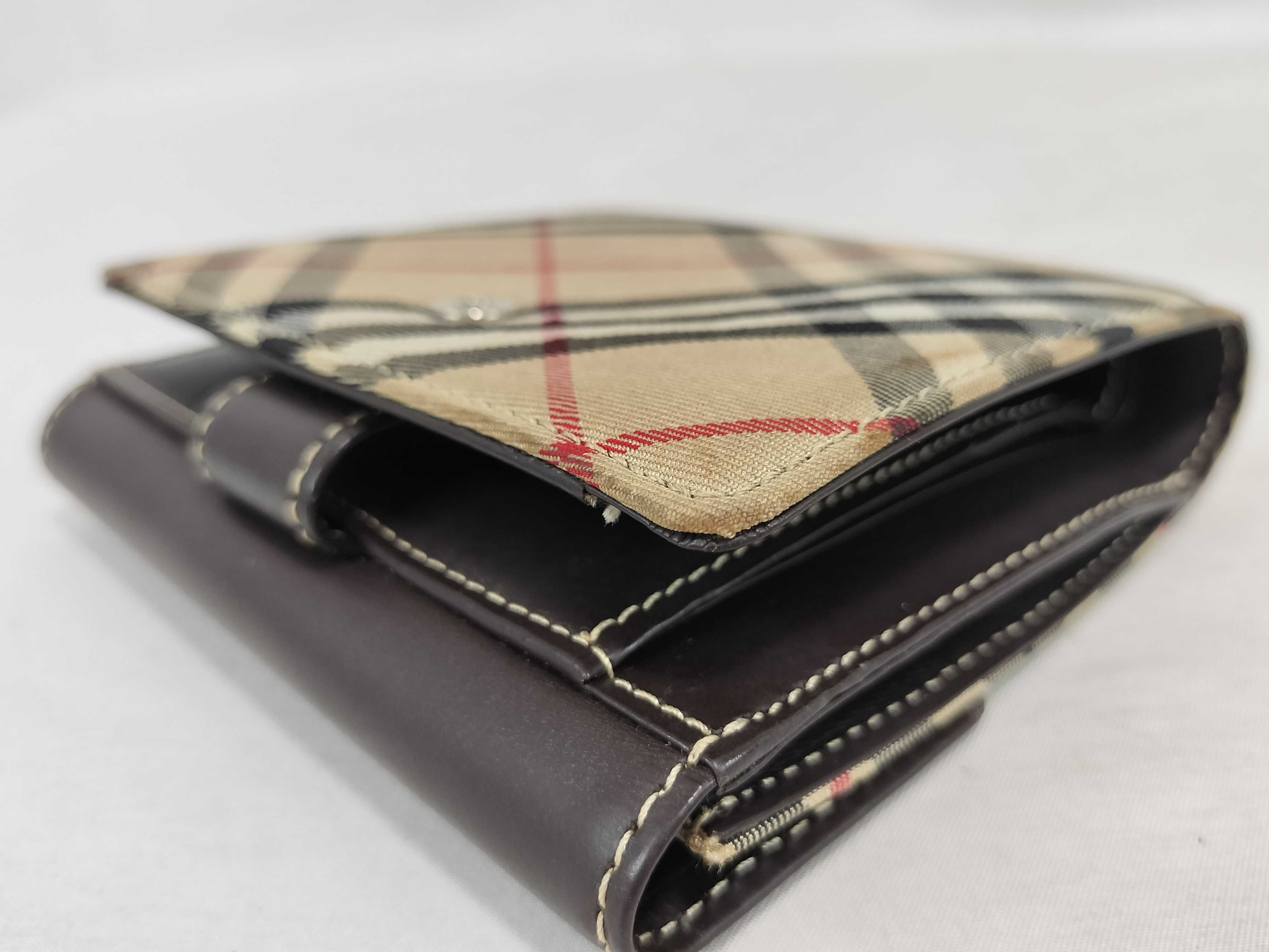 Bi-fold Wallet, Clasp Closure, Leather x Canvas, Black x Beige Check Pattern — view 13