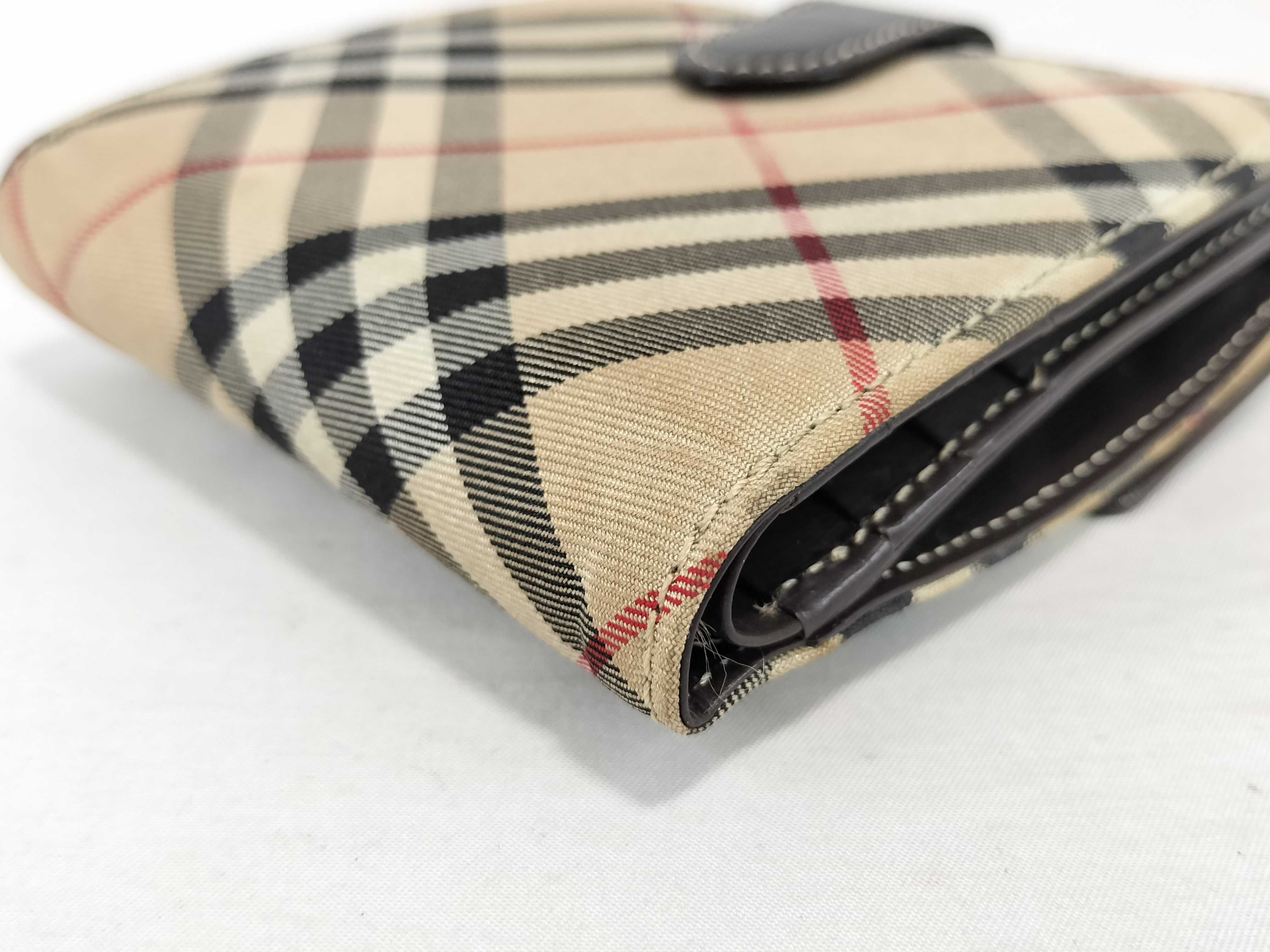 Bi-fold Wallet, Clasp Closure, Leather x Canvas, Black x Beige Check Pattern — view 4