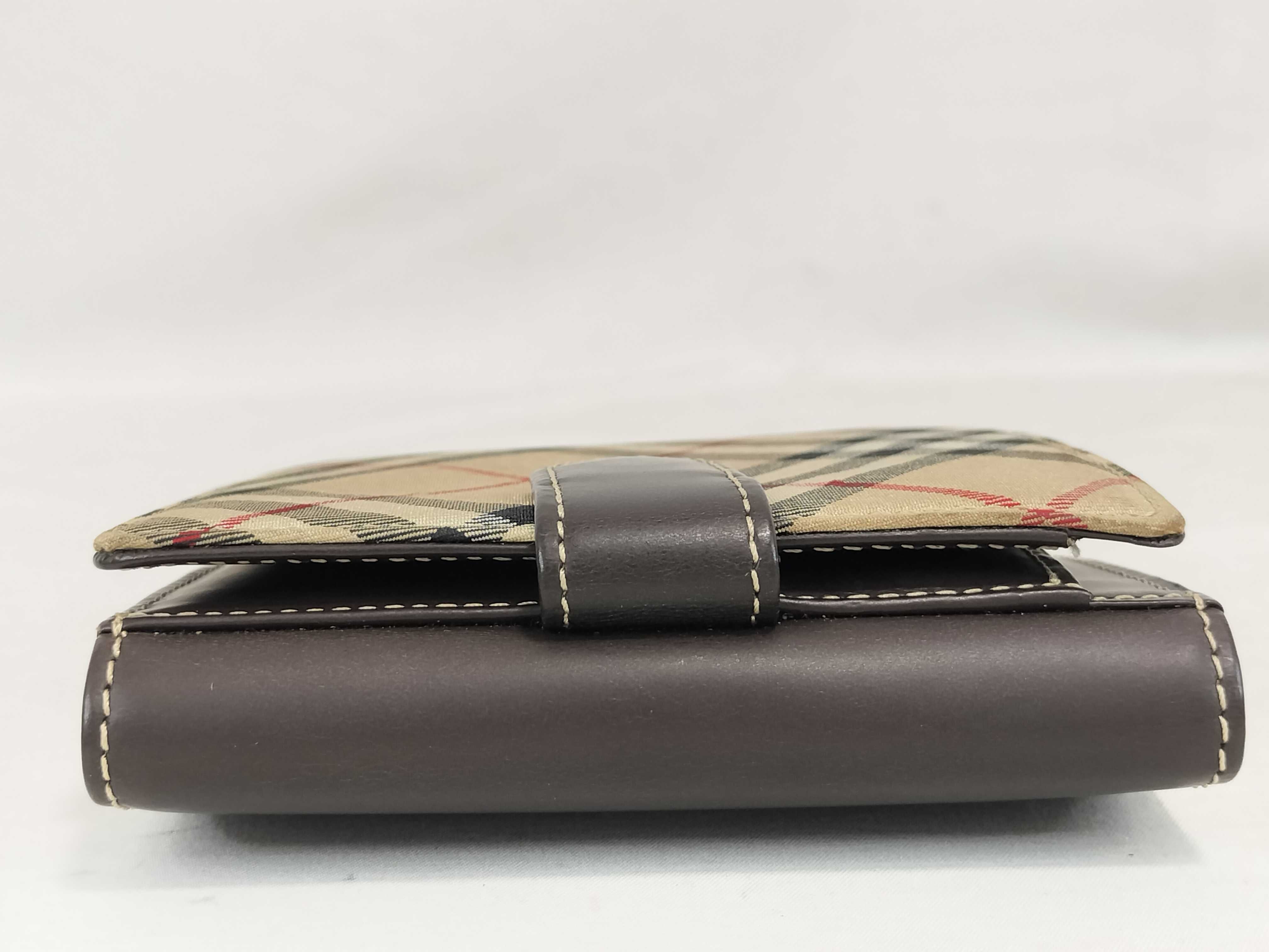Bi-fold Wallet, Clasp Closure, Leather x Canvas, Black x Beige Check Pattern — view 6
