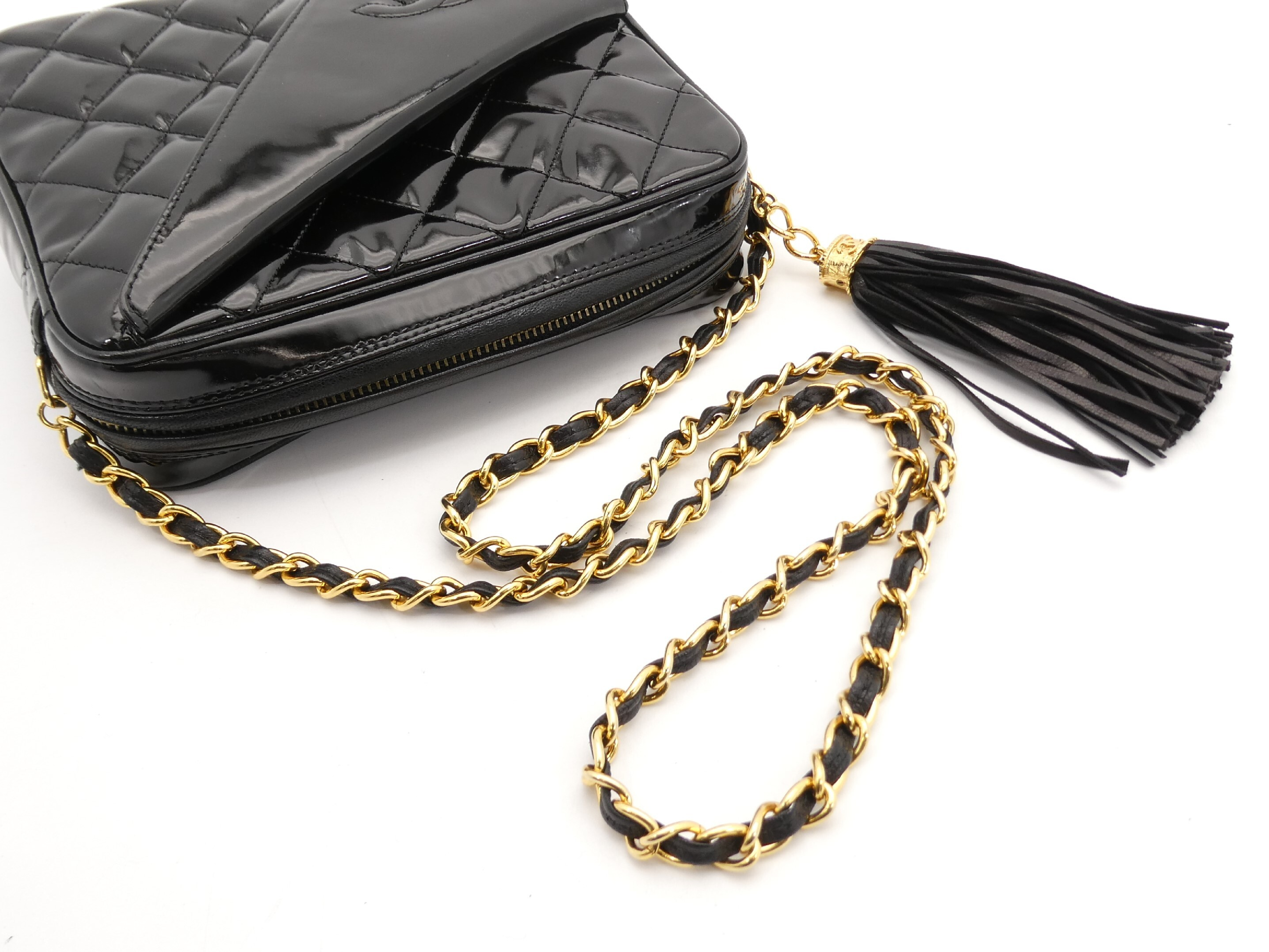 Matelassé Enamel Coco Mark Fringe Chain Shoulder Bag — view 6