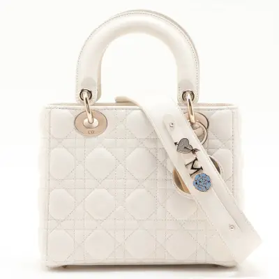 Cannage My Lady Dior Leather 2-Way Handbag, White, with Charm