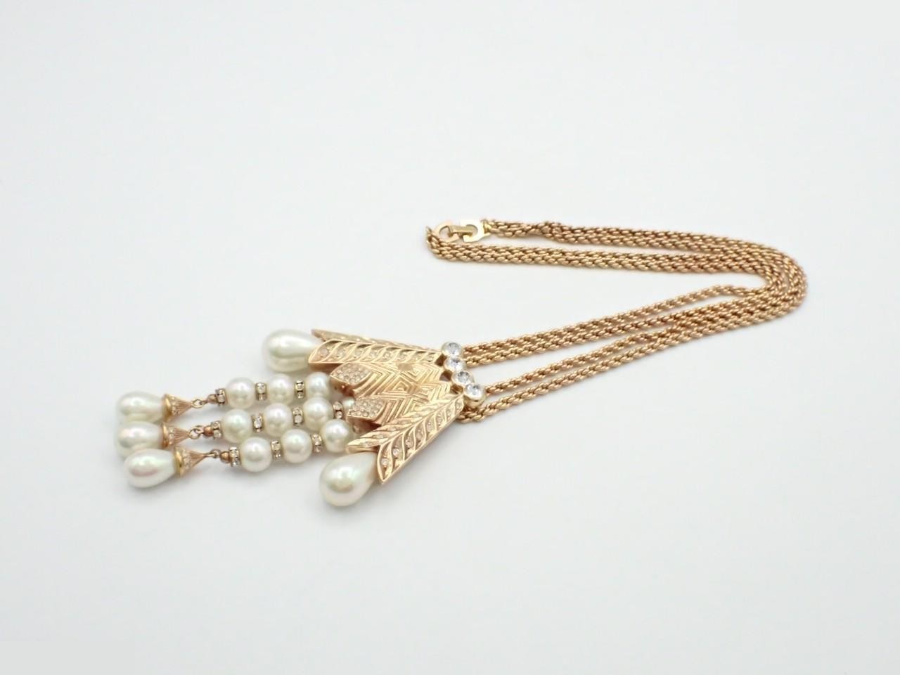 necklace, pearls, rhinestones, double strand, chain approximately 55cm. — view 3