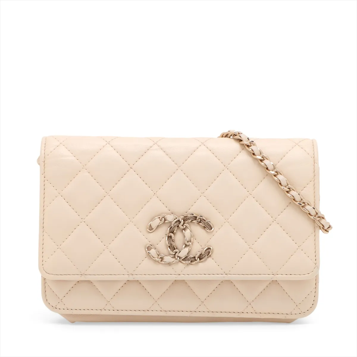 Matelassé Lambskin Chain Wallet, Beige, Gold Hardware, 30728917 (Serial Number in the 30s)