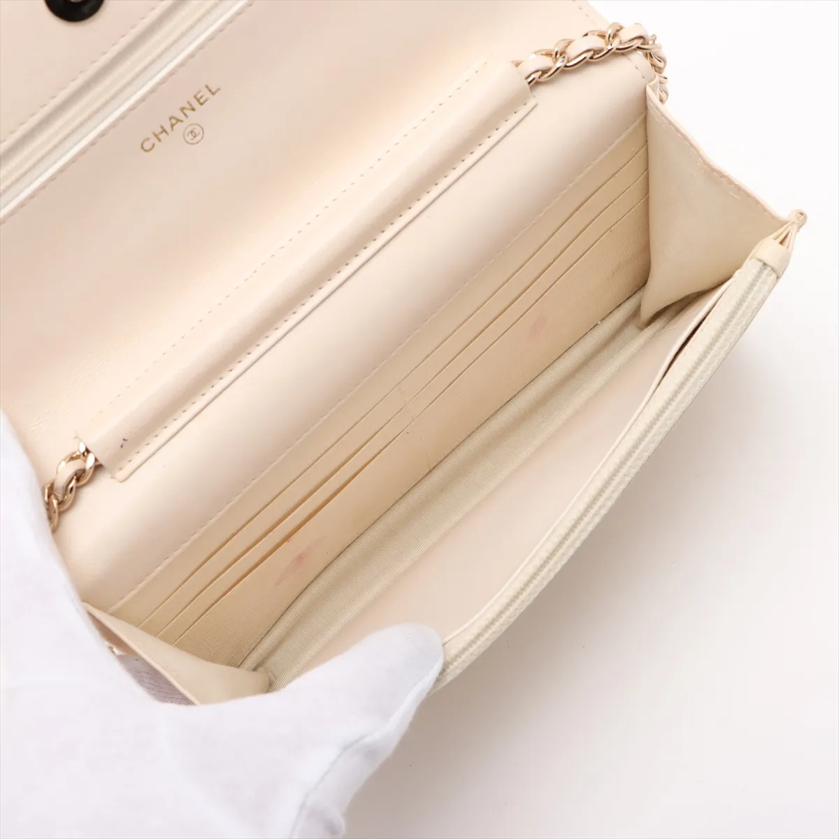 Matelassé Lambskin Chain Wallet, Beige, Gold Hardware, 30728917 (Serial Number in the 30s) — view 6