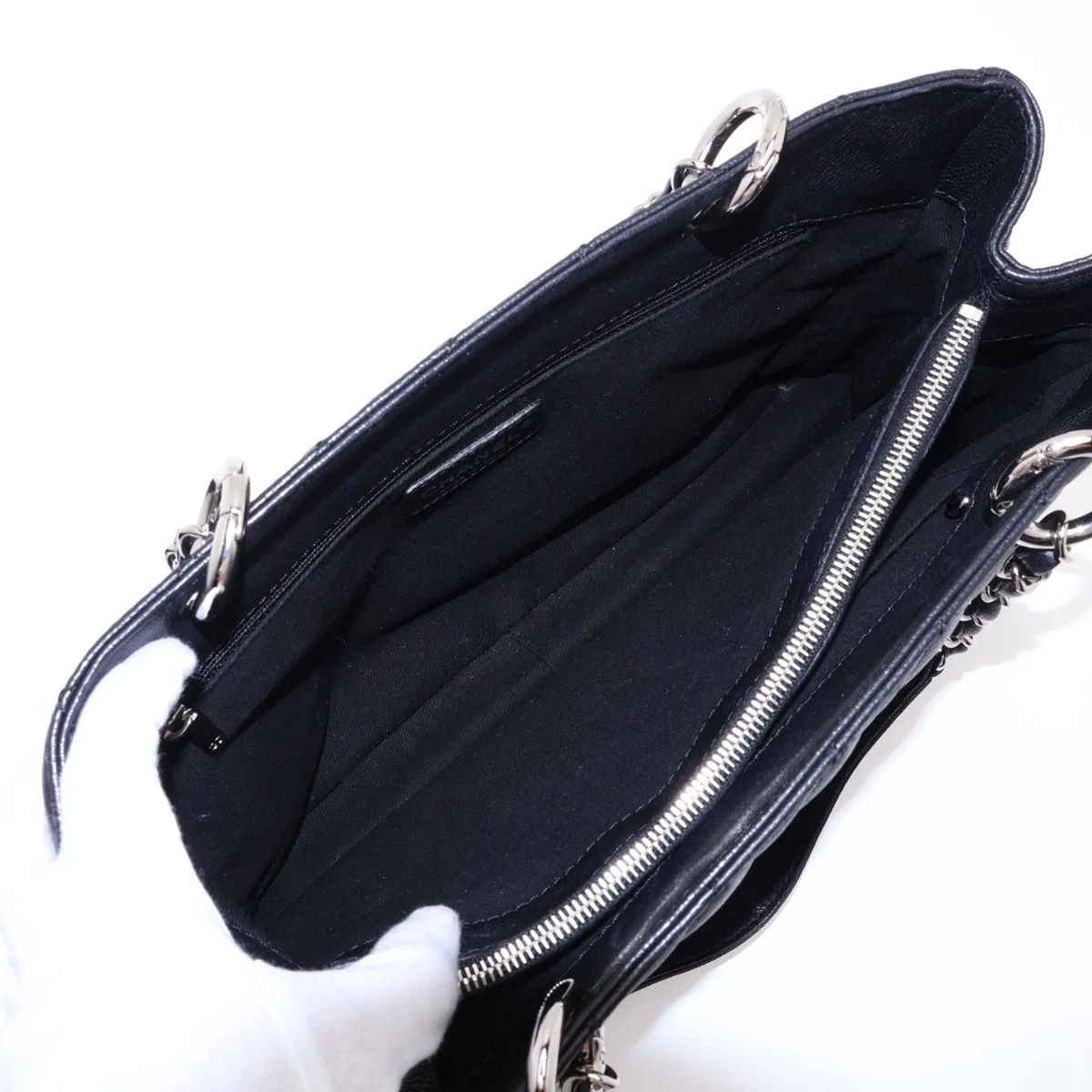 GST Caviar Skin Chain Tote Bag, Black with Silver Hardware, 11604075, Serial Number 11 — view 7