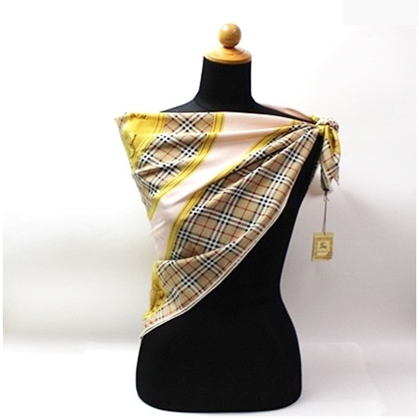 unused silk scarf, check pattern, pink x beige — view 3