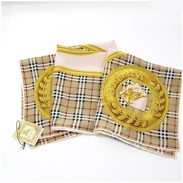 unused silk scarf, check pattern, pink x beige — view 6