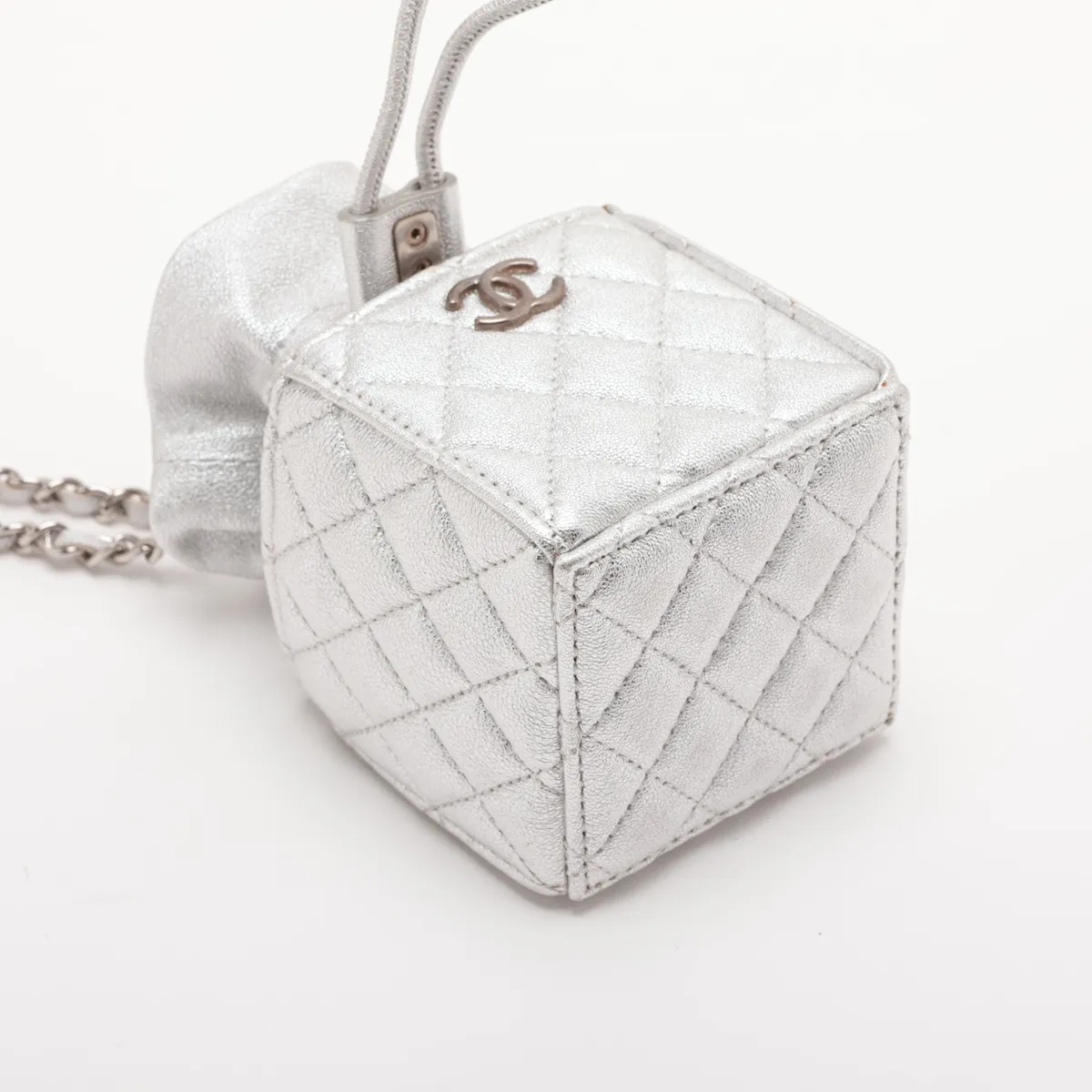 Matelassé Lambskin Chain Shoulder Bag, Mini Cube, Drawstring, Silver, Silver Hardware, 31747192, Serial Number 31-series, Year's Gift — view 4
