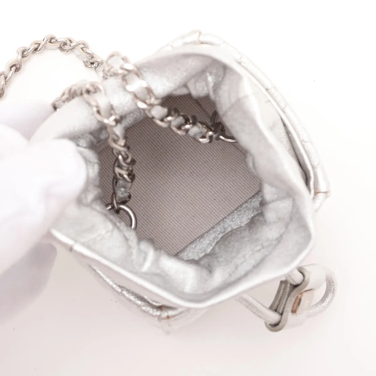 Matelassé Lambskin Chain Shoulder Bag, Mini Cube, Drawstring, Silver, Silver Hardware, 31747192, Serial Number 31-series, Year's Gift — view 6