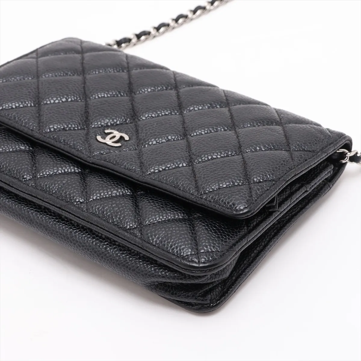 Matelassé Caviar Skin Chain Wallet, Black with Silver Hardware, 27455959, Serial Number 27 — view 3