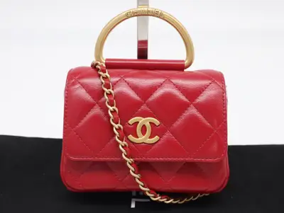 Lambskin Matelassé Mini Metal Top Handle Bag, Small Flap, Small Chain, Gold Hardware, Red, Seal, G01U7KX0, with Dust Bag, Shoulder Bag