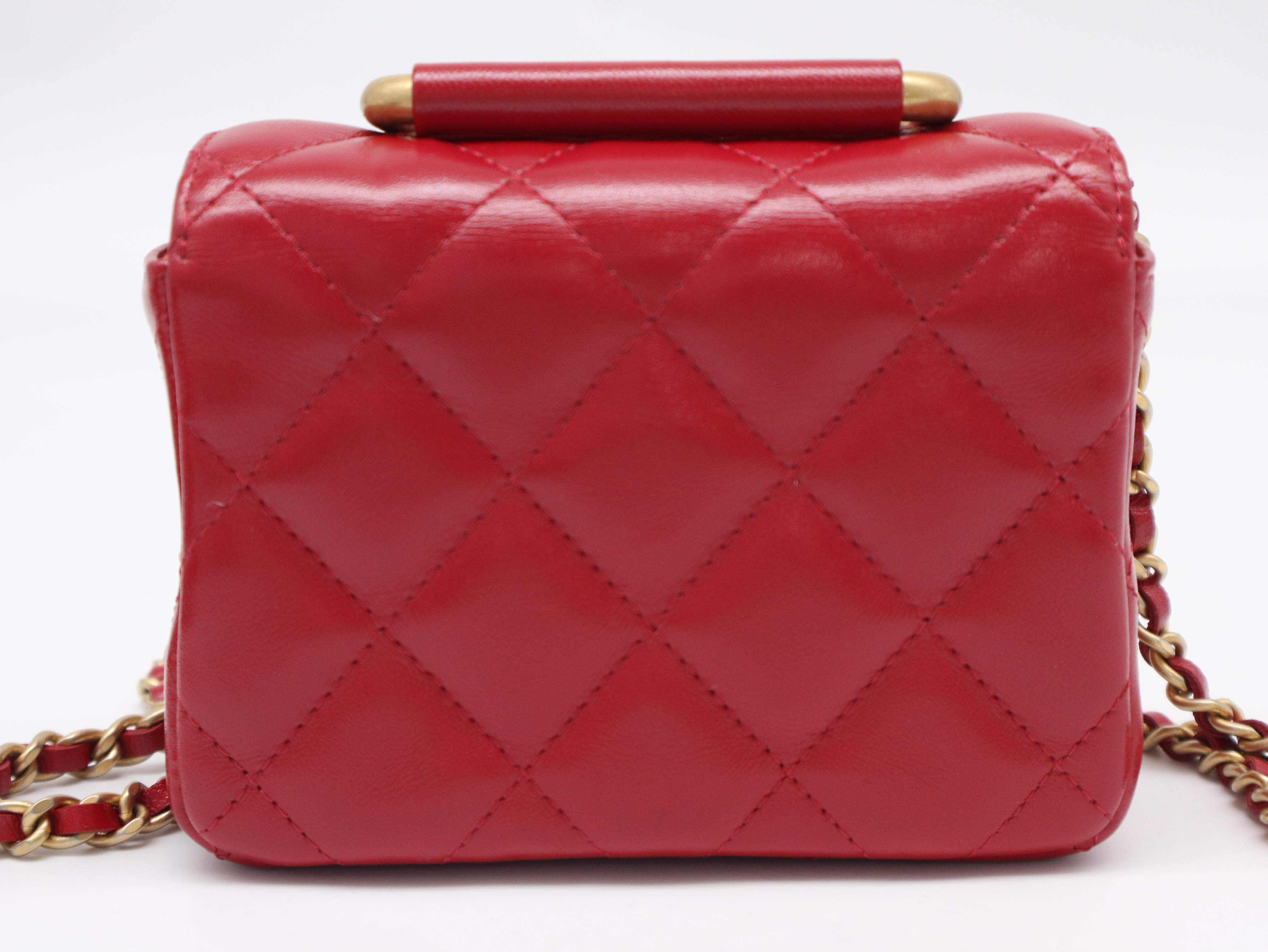 Lambskin Matelassé Mini Metal Top Handle Bag, Small Flap, Small Chain, Gold Hardware, Red, Seal, G01U7KX0, with Dust Bag, Shoulder Bag — view 2