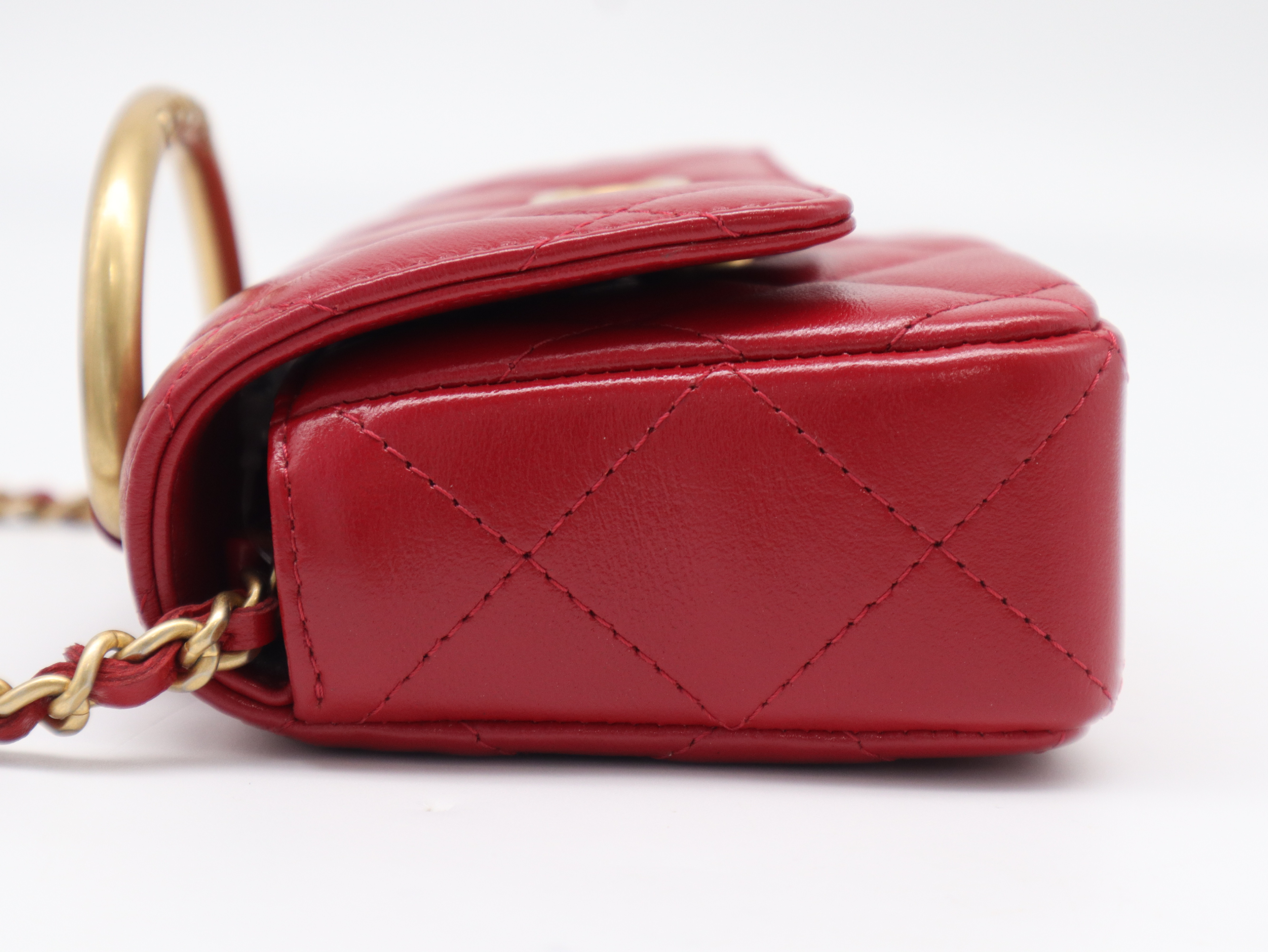 Lambskin Matelassé Mini Metal Top Handle Bag, Small Flap, Small Chain, Gold Hardware, Red, Seal, G01U7KX0, with Dust Bag, Shoulder Bag — view 3