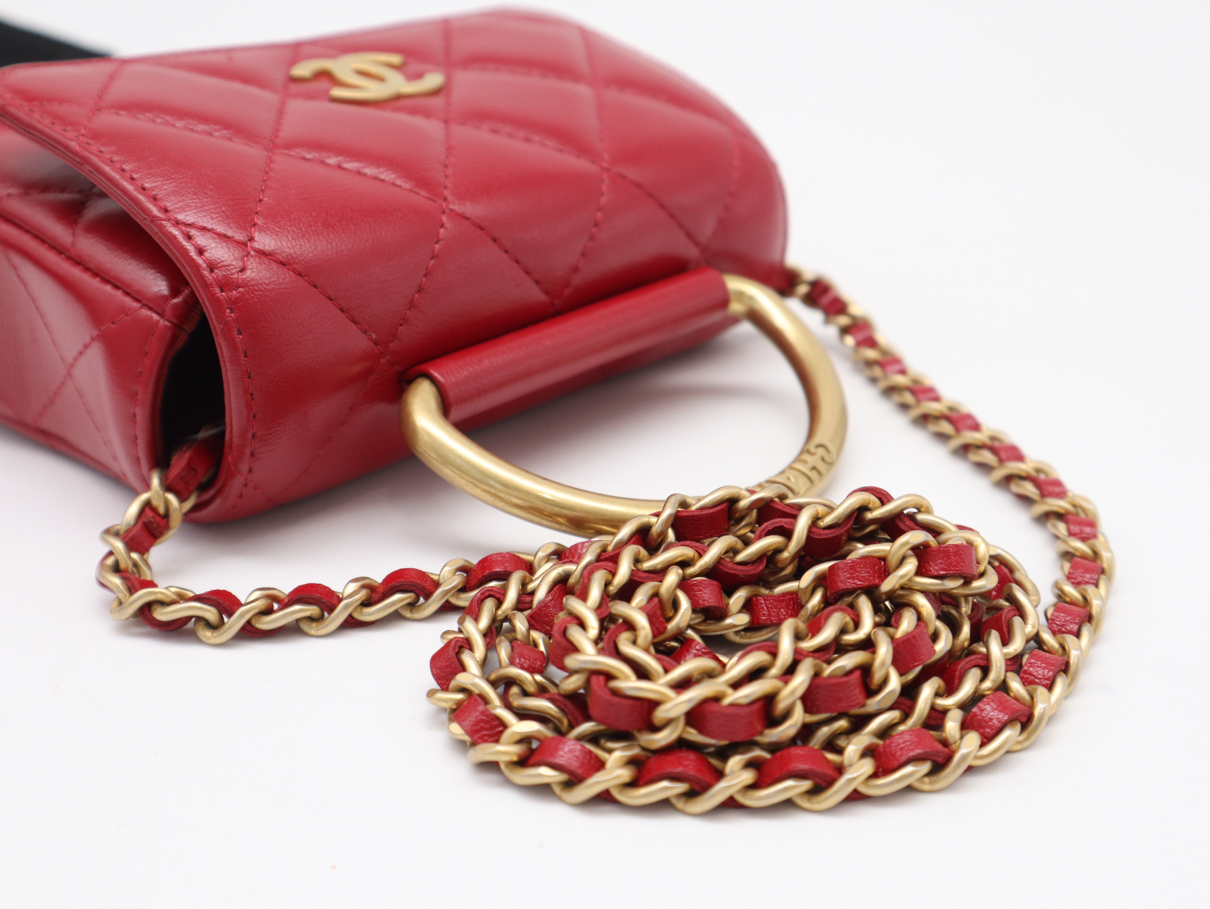 Lambskin Matelassé Mini Metal Top Handle Bag, Small Flap, Small Chain, Gold Hardware, Red, Seal, G01U7KX0, with Dust Bag, Shoulder Bag — view 6