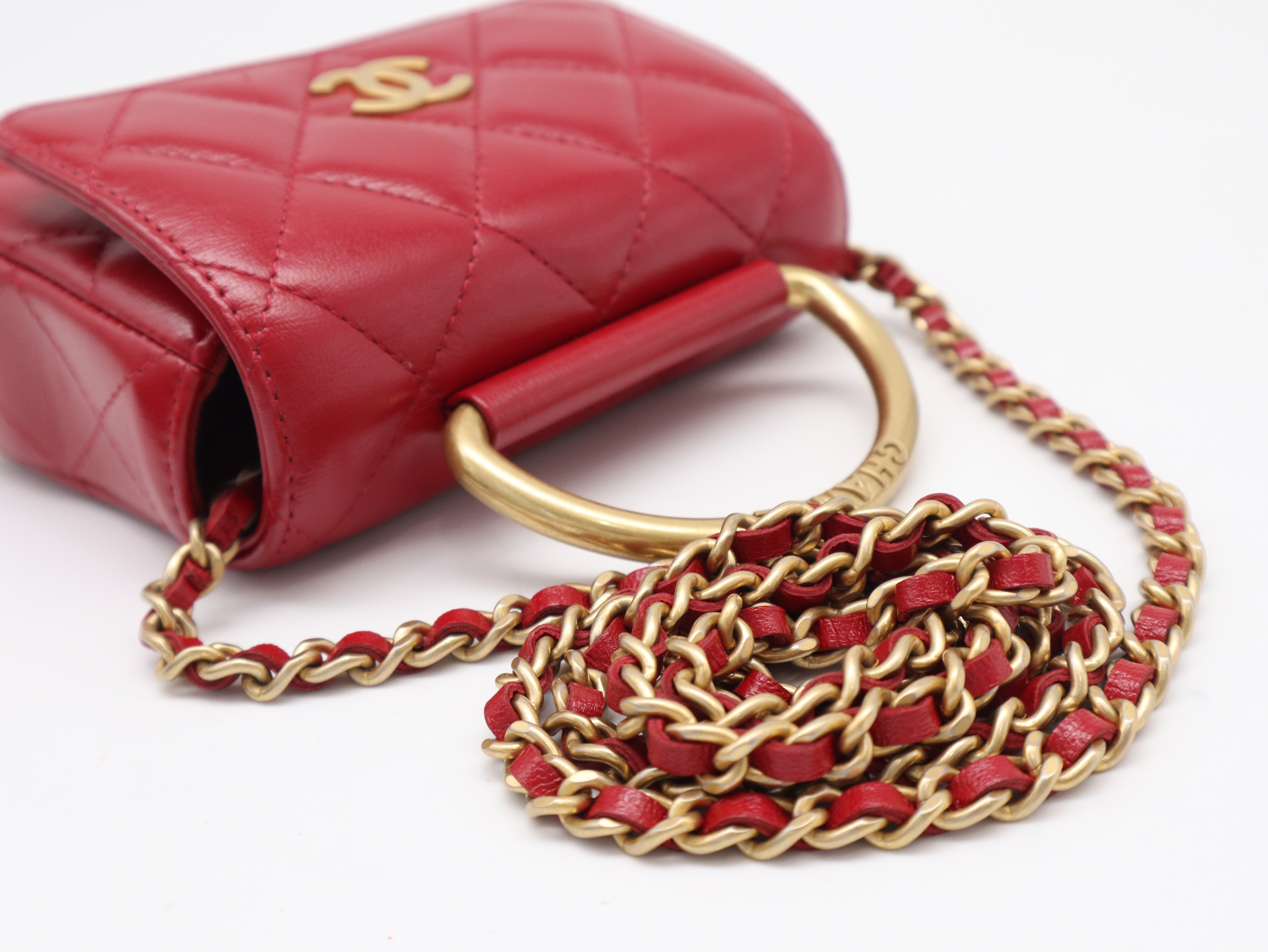 Lambskin Matelassé Mini Metal Top Handle Bag, Small Flap, Small Chain, Gold Hardware, Red, Seal, G01U7KX0, with Dust Bag, Shoulder Bag — view 7