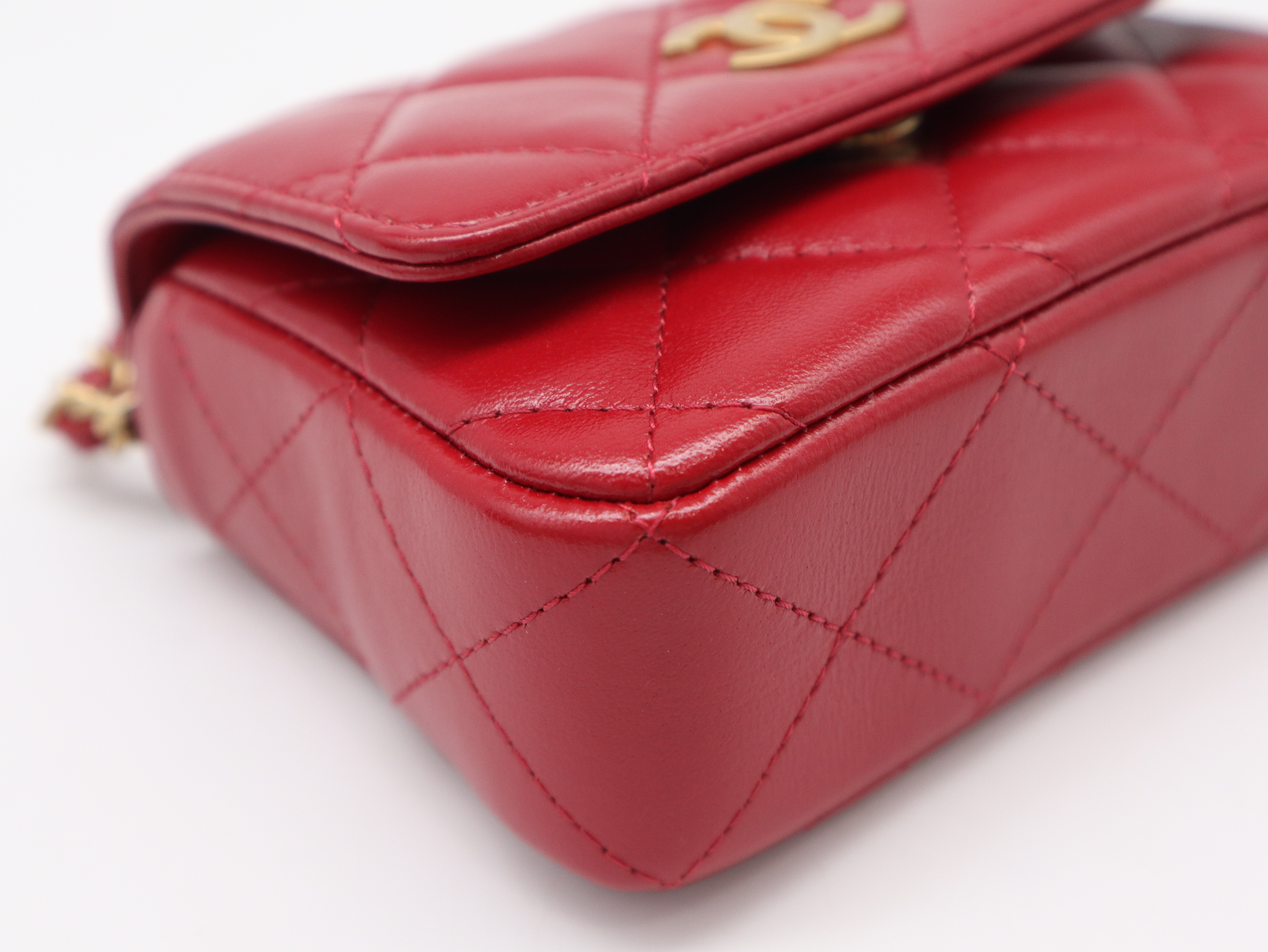 Lambskin Matelassé Mini Metal Top Handle Bag, Small Flap, Small Chain, Gold Hardware, Red, Seal, G01U7KX0, with Dust Bag, Shoulder Bag — view 8