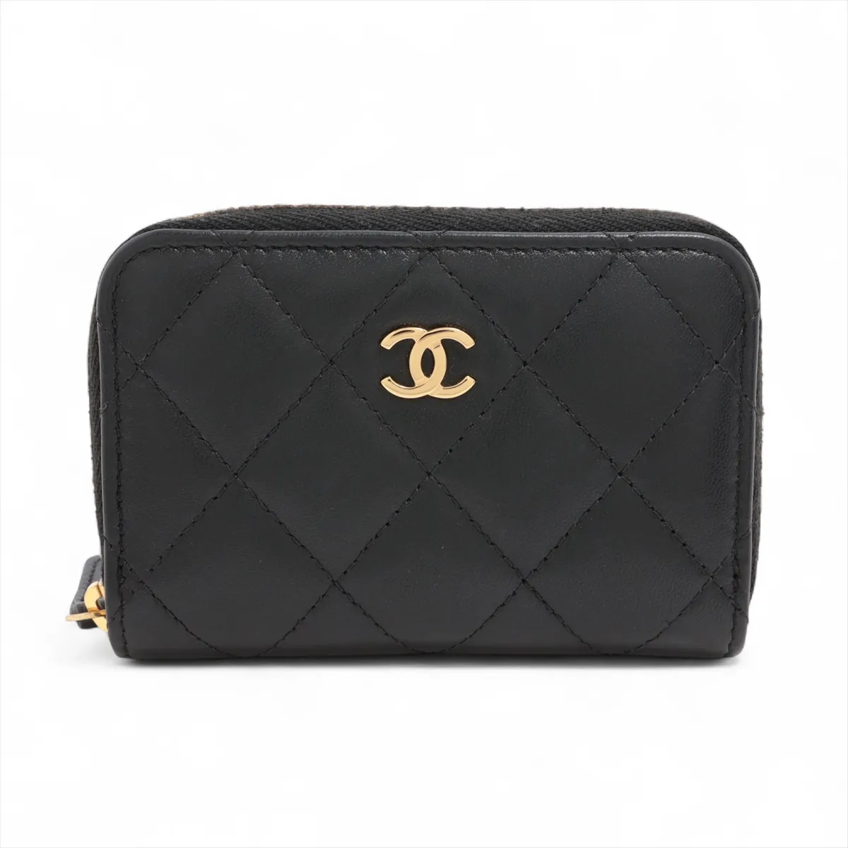 Matelassé Caviar Skin Coin Case, Black with Gold Hardware, AKL0N365