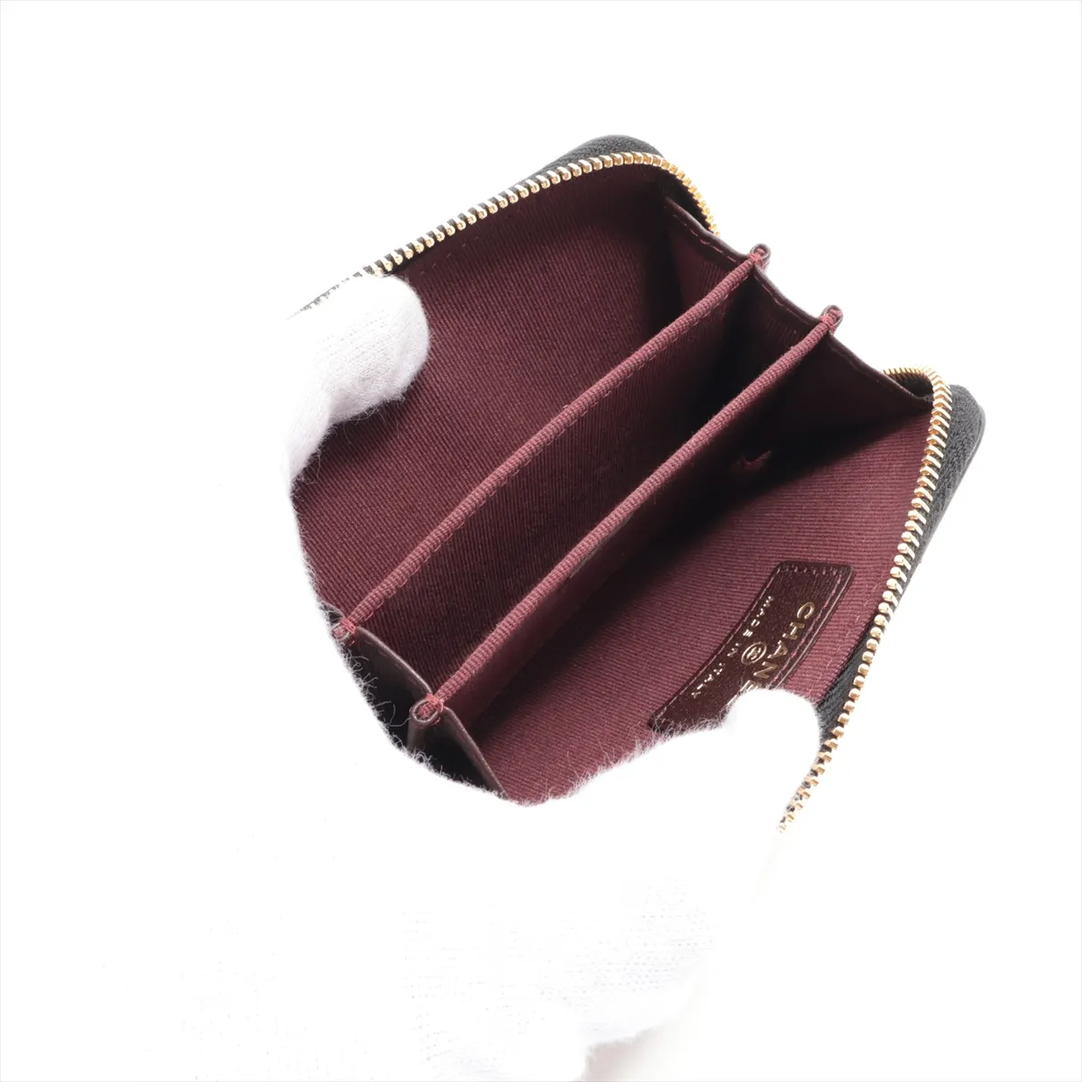 Matelassé Caviar Skin Coin Case, Black with Gold Hardware, AKL0N365 — view 3