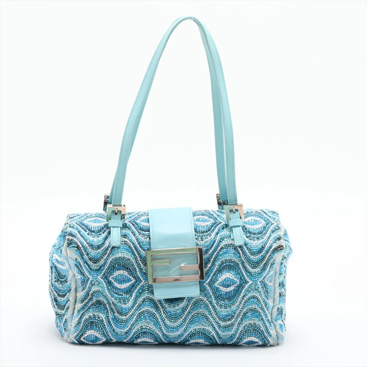 beaded leather handbag, blue, embellishments missing.