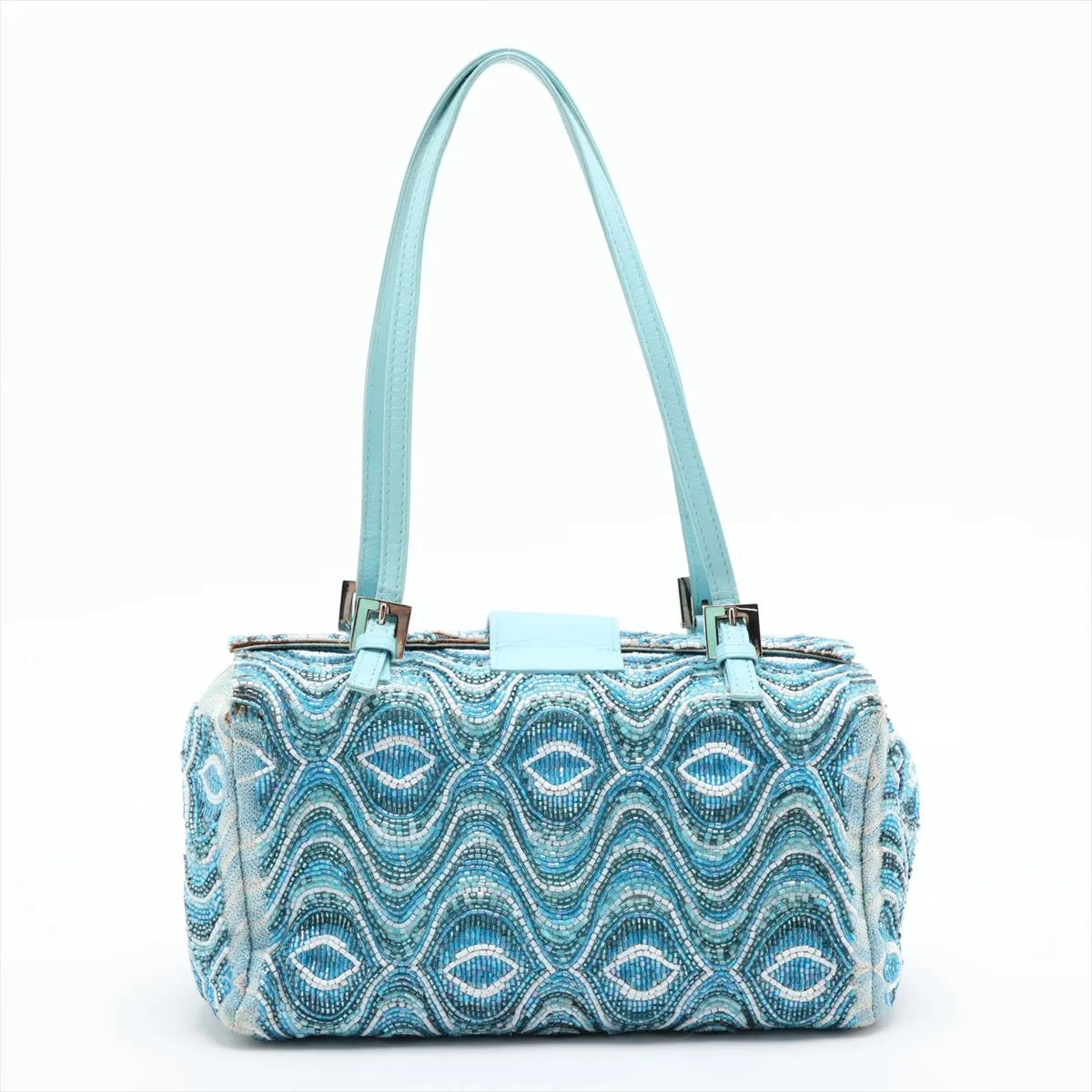 beaded leather handbag, blue, embellishments missing. — view 2