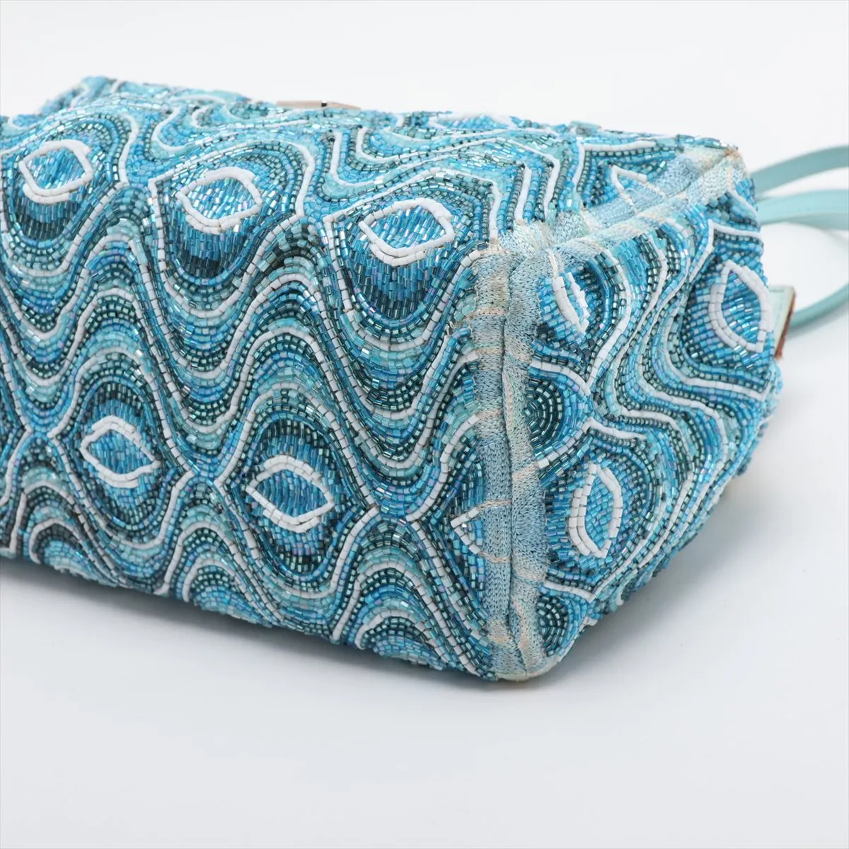 beaded leather handbag, blue, embellishments missing. — view 3
