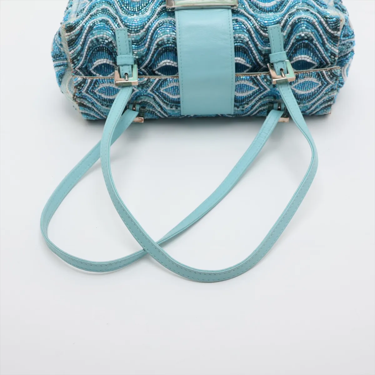 beaded leather handbag, blue, embellishments missing. — view 5