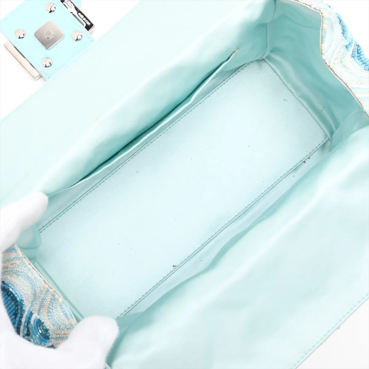 beaded leather handbag, blue, embellishments missing. — view 7