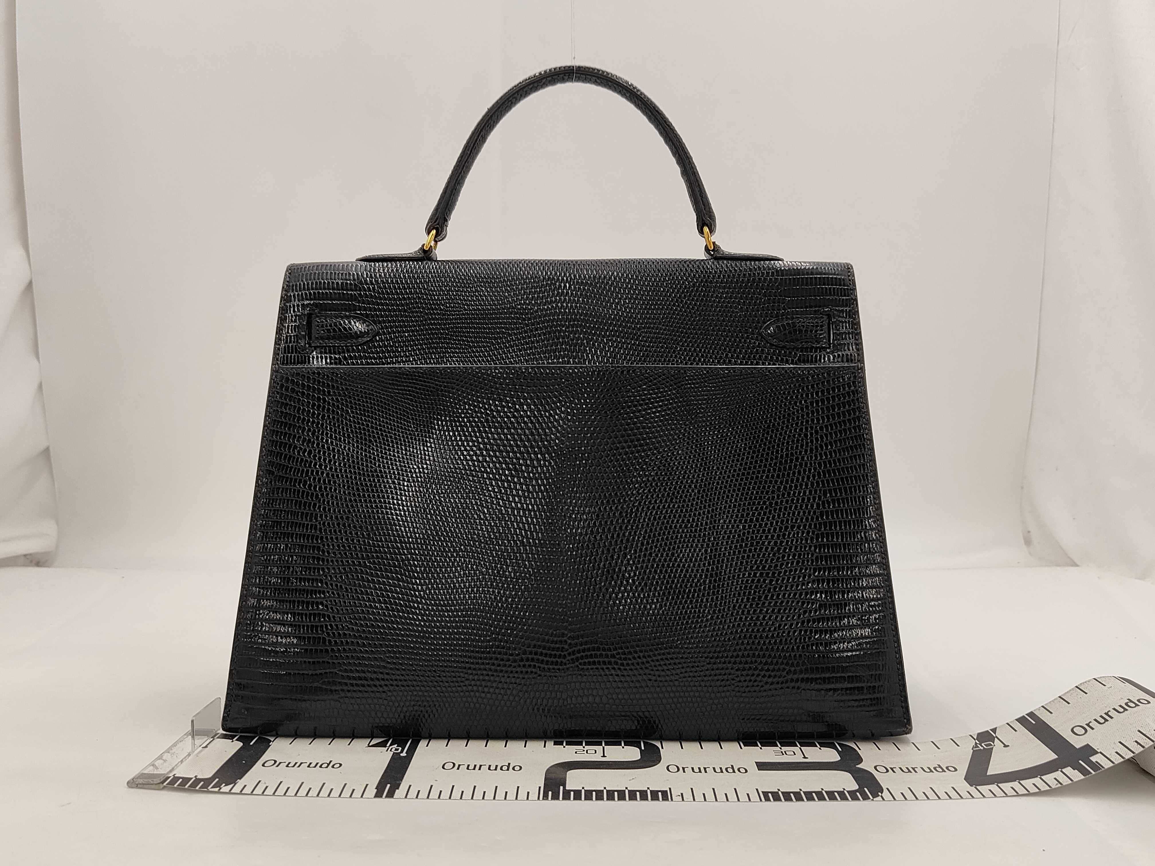 Kelly 35 Lizard Leather Handbag, Black with Gold Hardware — view 2