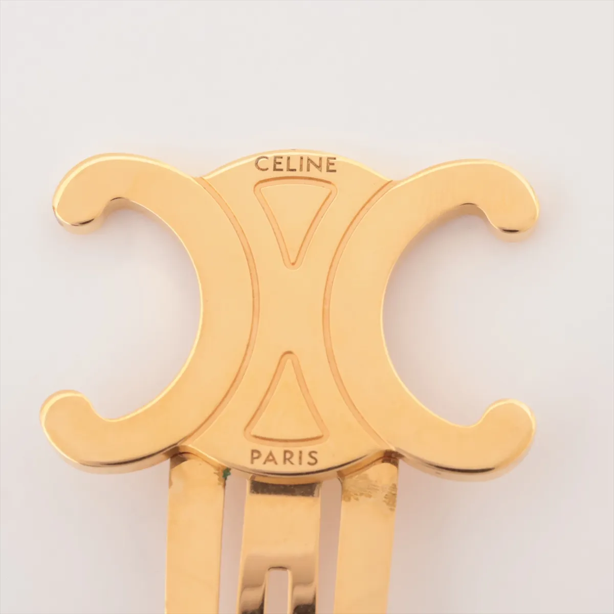 Triomphe Hair Clip, GP Gold, shows signs of wear, tarnishing, — view 3