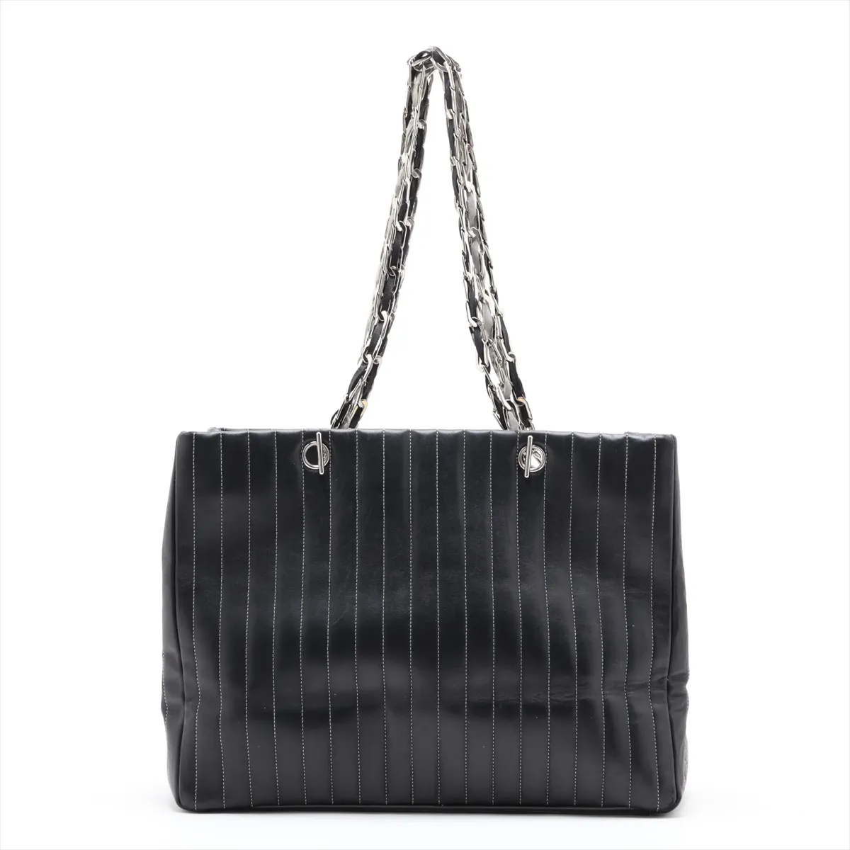 New Mademoiselle Lambskin Chain Tote Bag, Black with Silver Hardware, 10273346 (Serial Number in the 10s) — view 2