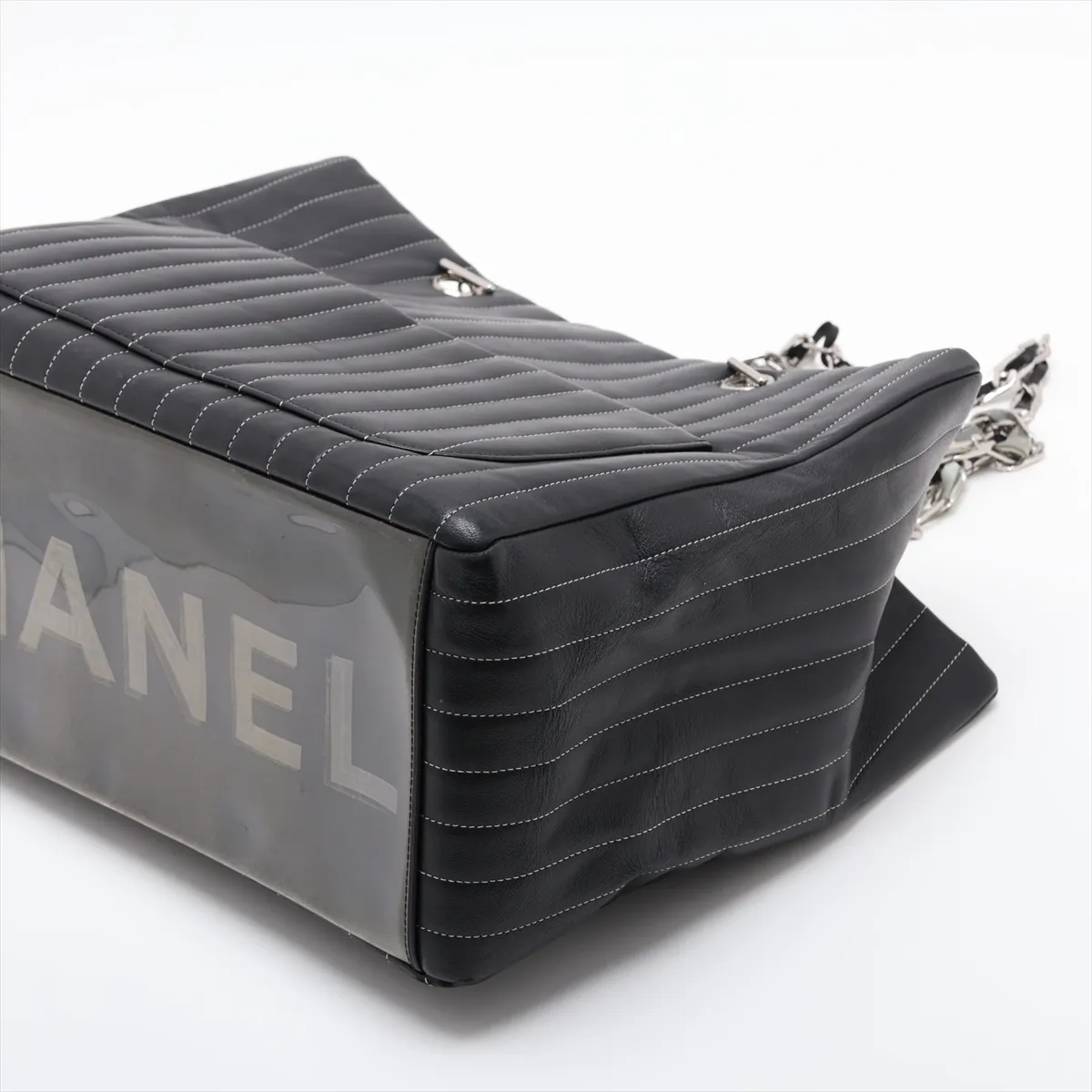 New Mademoiselle Lambskin Chain Tote Bag, Black with Silver Hardware, 10273346 (Serial Number in the 10s) — view 3