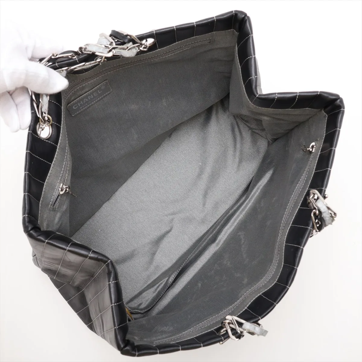 New Mademoiselle Lambskin Chain Tote Bag, Black with Silver Hardware, 10273346 (Serial Number in the 10s) — view 7