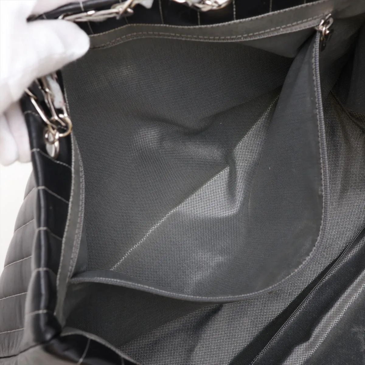New Mademoiselle Lambskin Chain Tote Bag, Black with Silver Hardware, 10273346 (Serial Number in the 10s) — view 8
