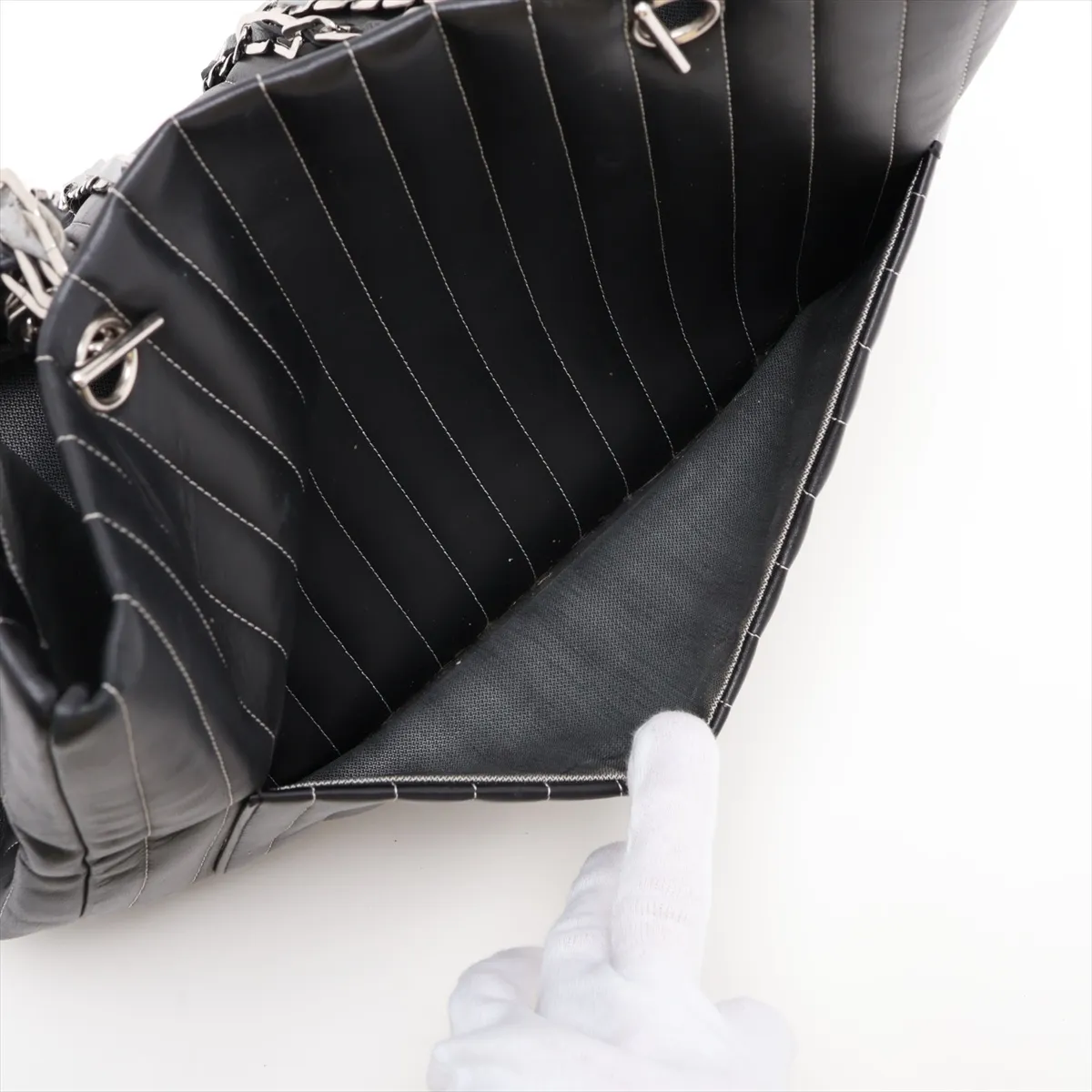 New Mademoiselle Lambskin Chain Tote Bag, Black with Silver Hardware, 10273346 (Serial Number in the 10s) — view 10