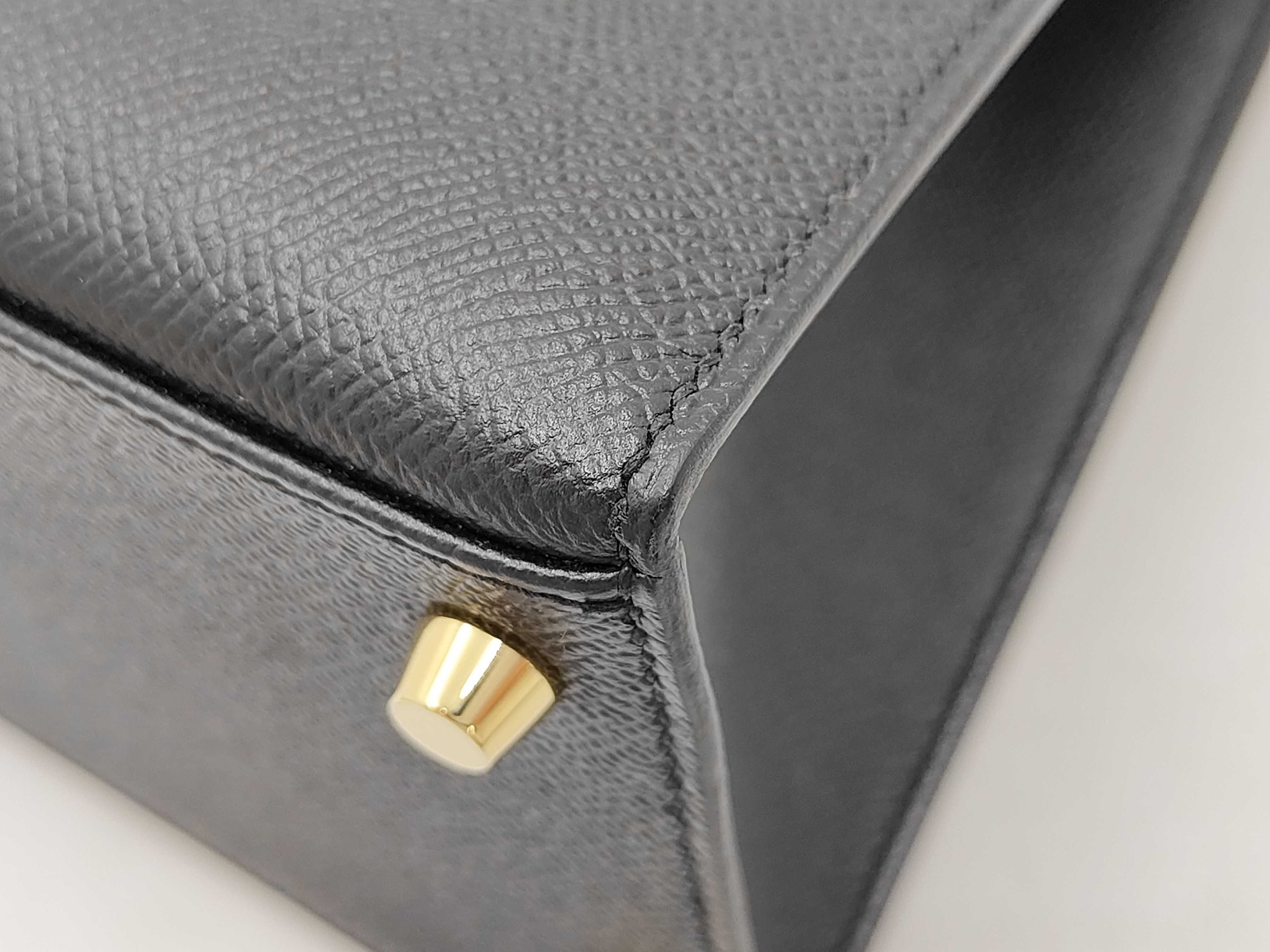 Kelly 28, external stitching, X stamp, Epsom leather, black, gold color, handbag — view 6