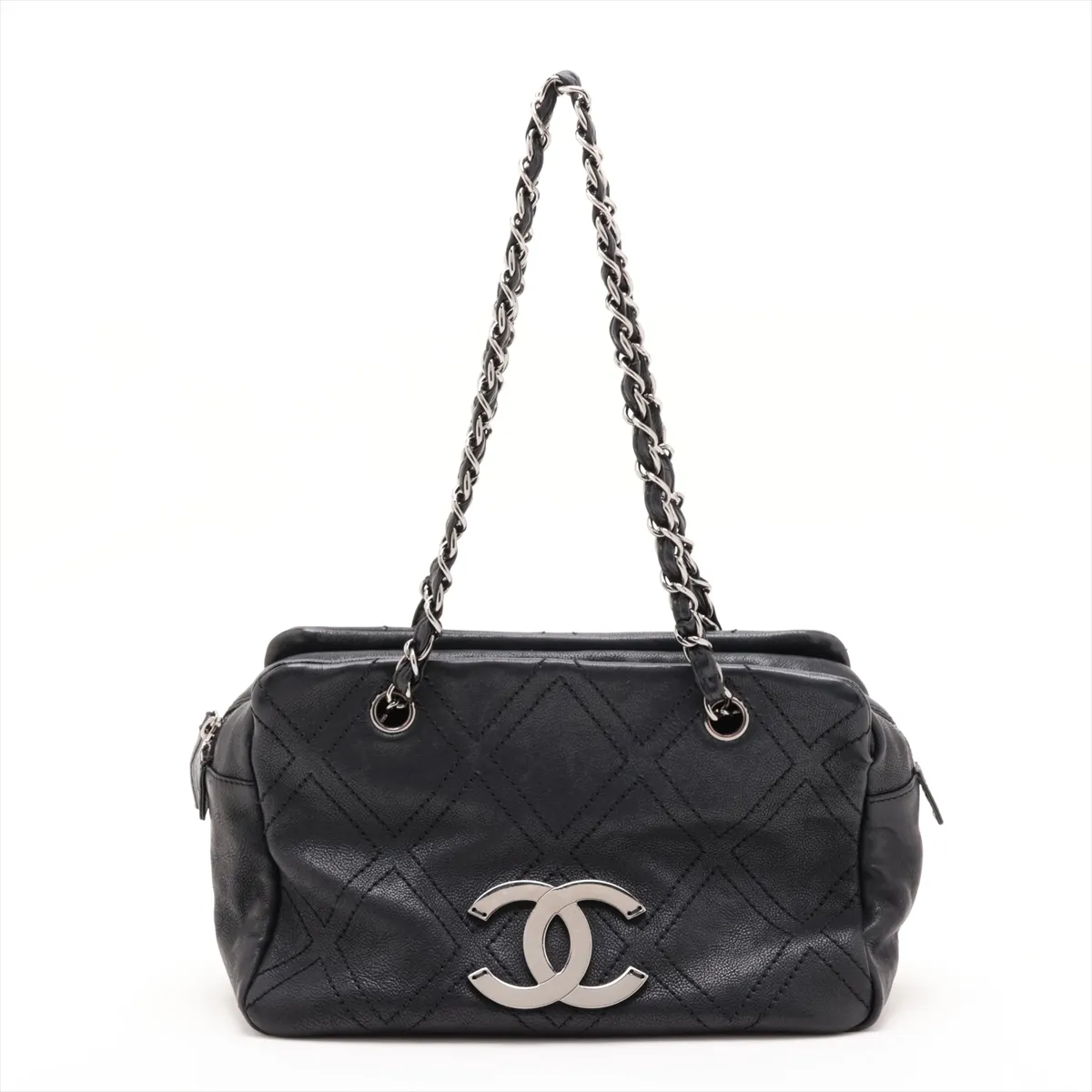 Diamond Stitch Leather Chain Shoulder Bag, Black with Silver Hardware, Item No. 11688439, Series No. 11