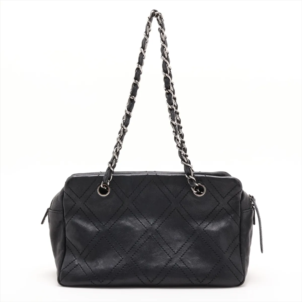 Diamond Stitch Leather Chain Shoulder Bag, Black with Silver Hardware, Item No. 11688439, Series No. 11 — view 2