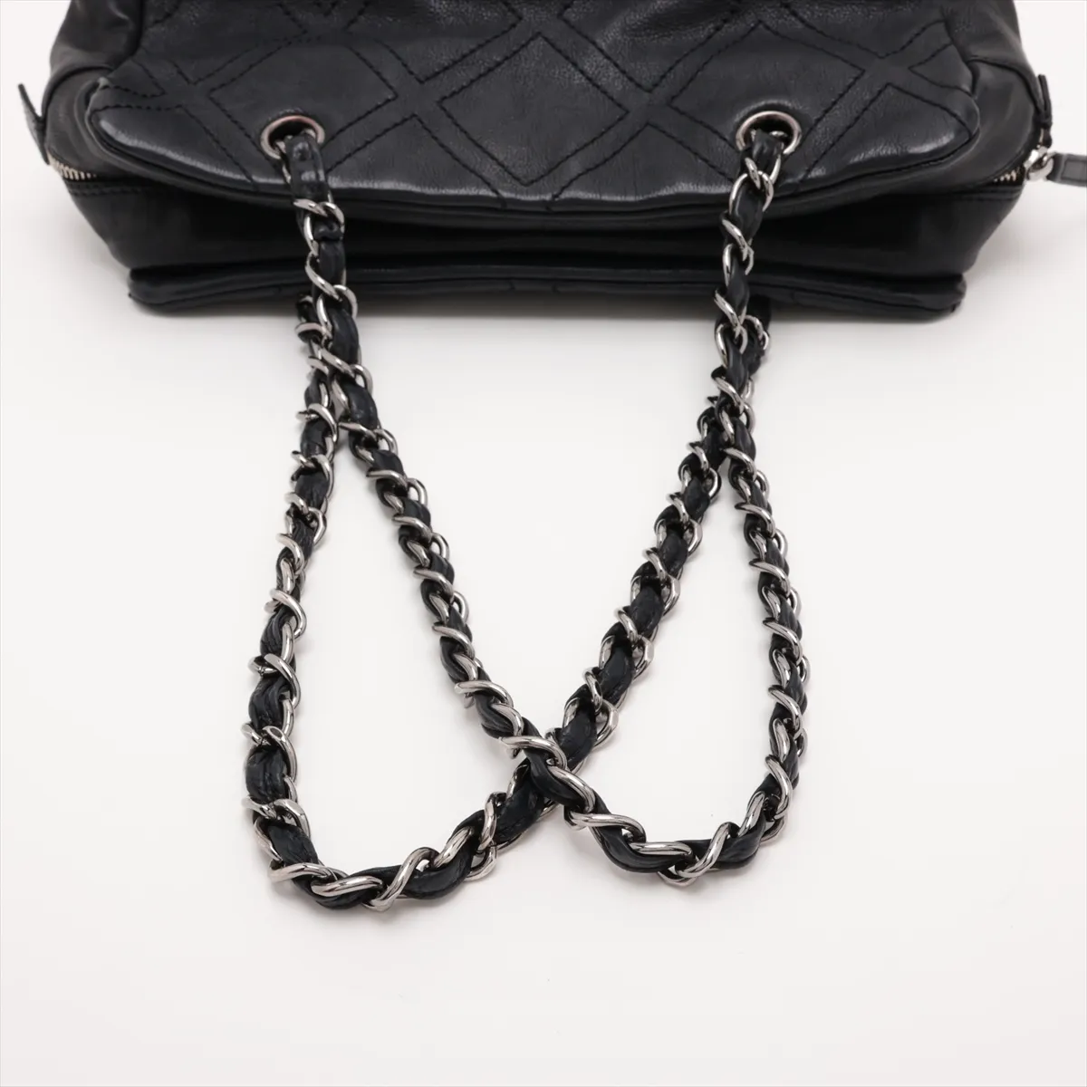Diamond Stitch Leather Chain Shoulder Bag, Black with Silver Hardware, Item No. 11688439, Series No. 11 — view 5