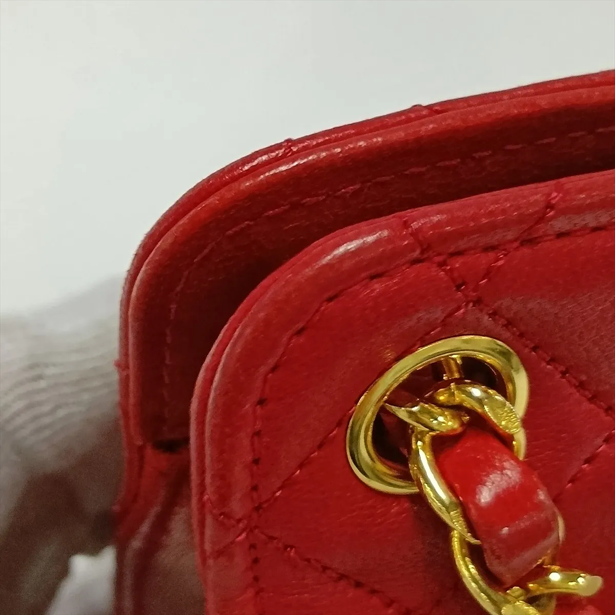 Matelassé Lambskin Chain Shoulder Bag, Push Lock, Red with Gold Hardware, 0188696 (Serial Number in the 0s) — view 12