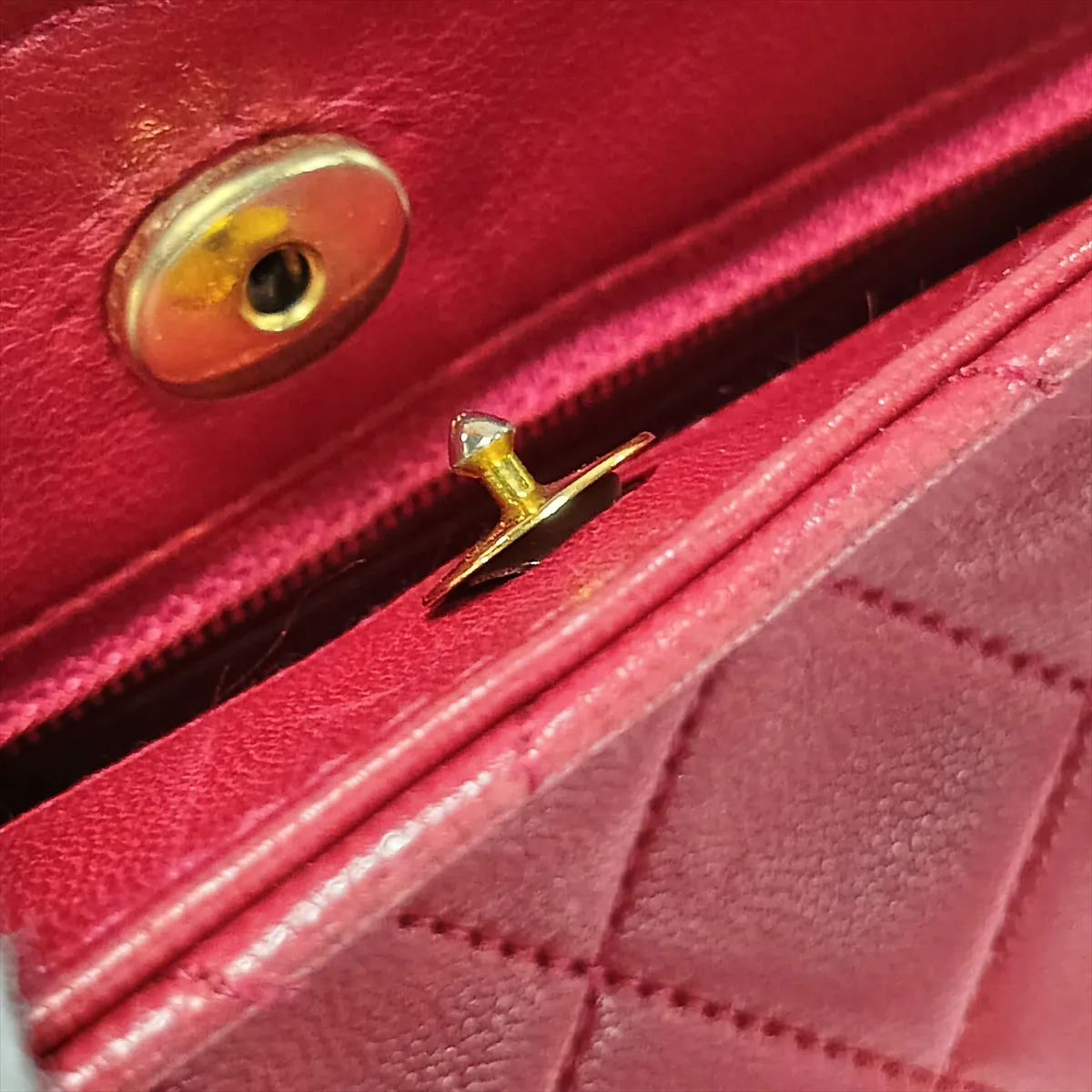 Matelassé Lambskin Chain Shoulder Bag, Push Lock, Red with Gold Hardware, 0188696 (Serial Number in the 0s) — view 13