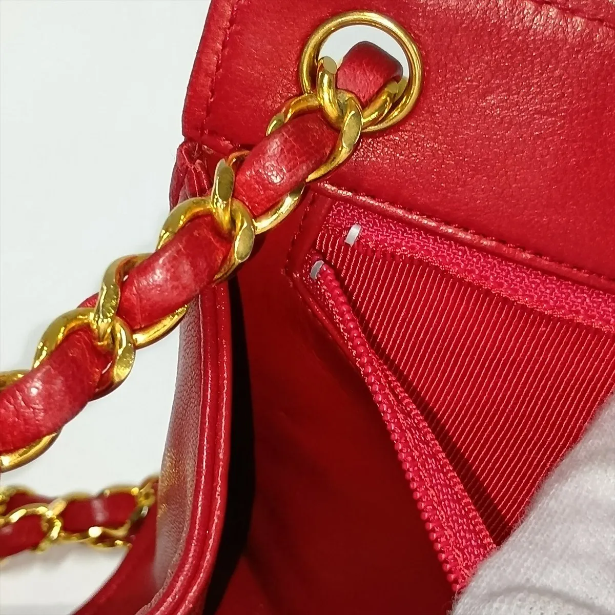Matelassé Lambskin Chain Shoulder Bag, Push Lock, Red with Gold Hardware, 0188696 (Serial Number in the 0s) — view 15
