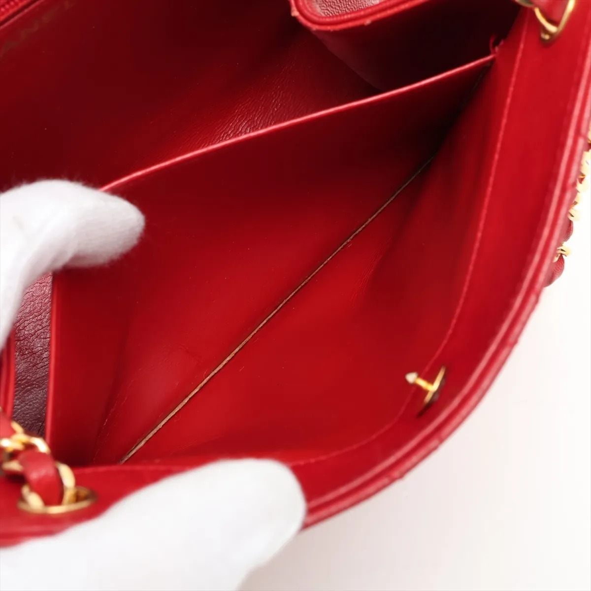 Matelassé Lambskin Chain Shoulder Bag, Push Lock, Red with Gold Hardware, 0188696 (Serial Number in the 0s) — view 9