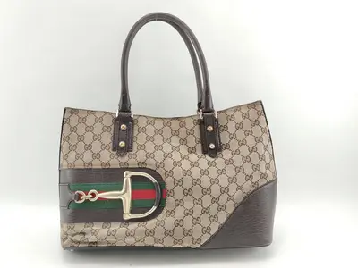 GG Canvas Tote Bag, Horsebit, Sherry Line, GG 137385 214397 Tote Bag