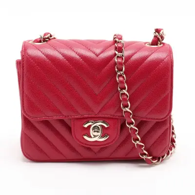 Chevron Caviar Skin Single Flap Single Chain Bag, Red with Gold Hardware, 26581484 (Serial Number 26)