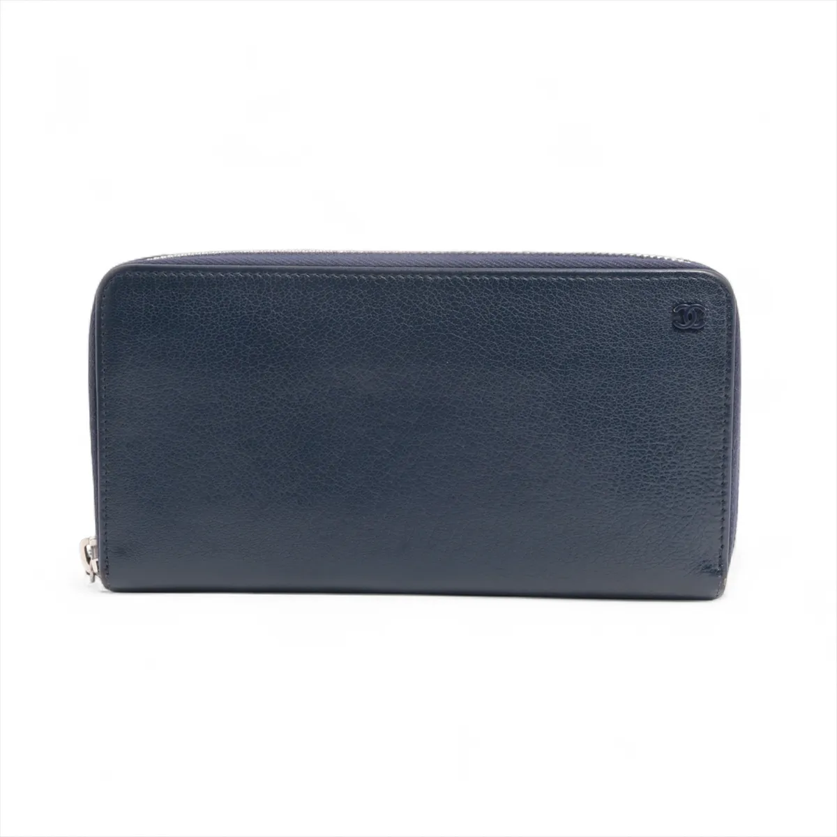 Cocomark Leather Round Zip Wallet Navy Silver Hardware 29011603