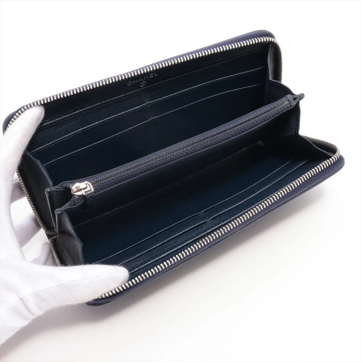 Cocomark Leather Round Zip Wallet Navy Silver Hardware 29011603 — view 3