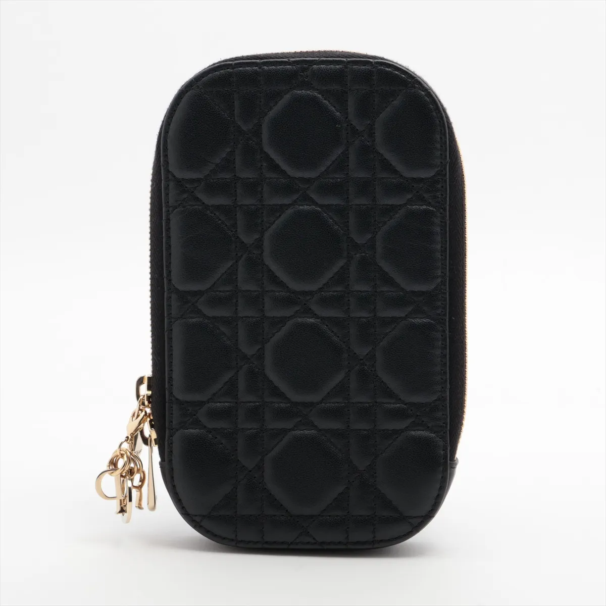 Lady Dior Cannage Leather Phone Holder Black with attached shoulder chain