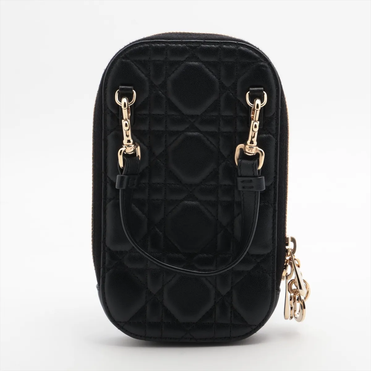 Lady Dior Cannage Leather Phone Holder Black with attached shoulder chain — view 2