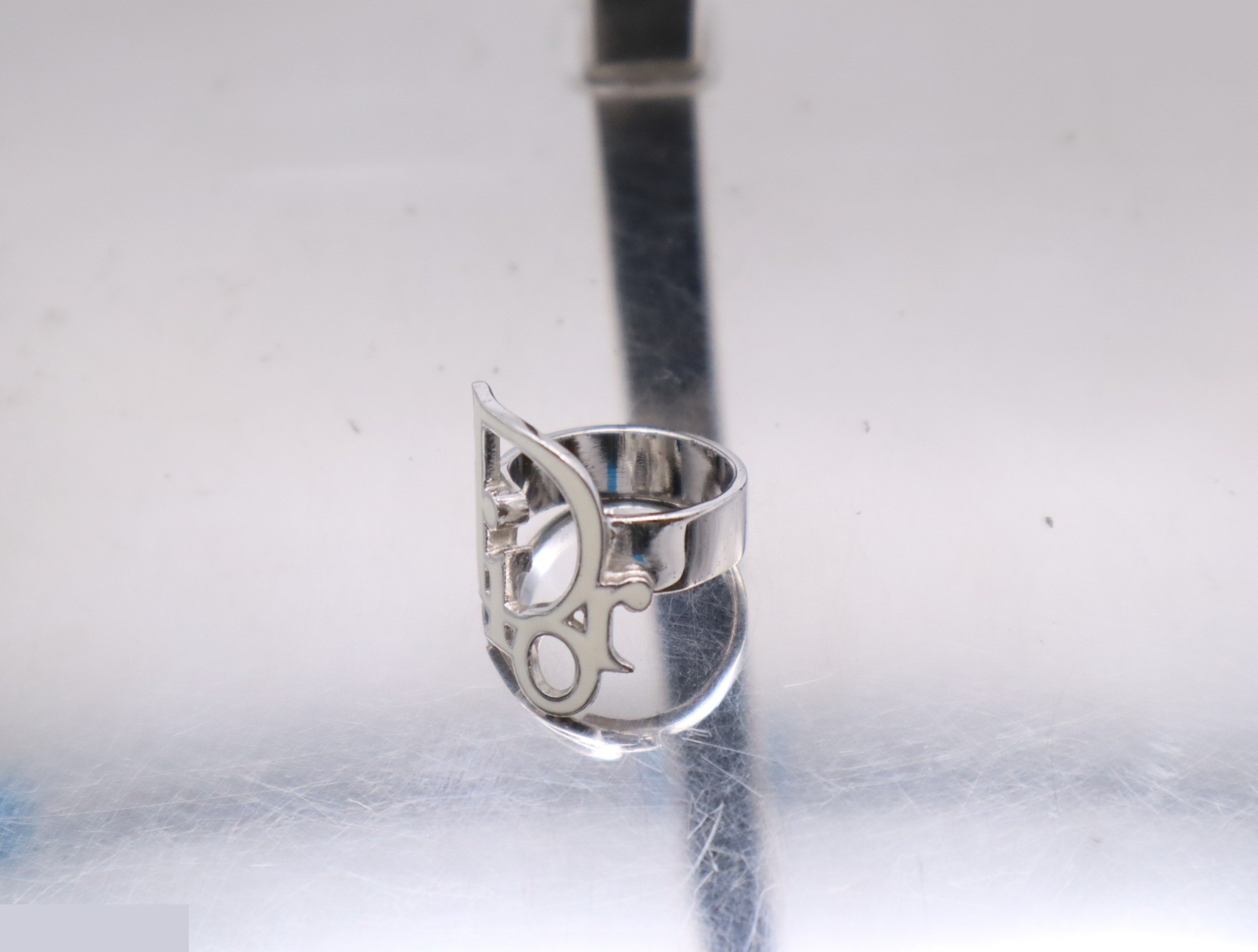 Metal/Enamel Dior Logo Design Ring, White Silver, Size #11