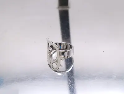 Metal/Enamel Dior Logo Design Ring, White Silver, Size #11
